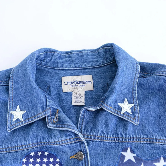 Vintage Cherokee Patriotic USA Flag Stars Blue Denim Button Up Jacket L - Picture 12 of 12